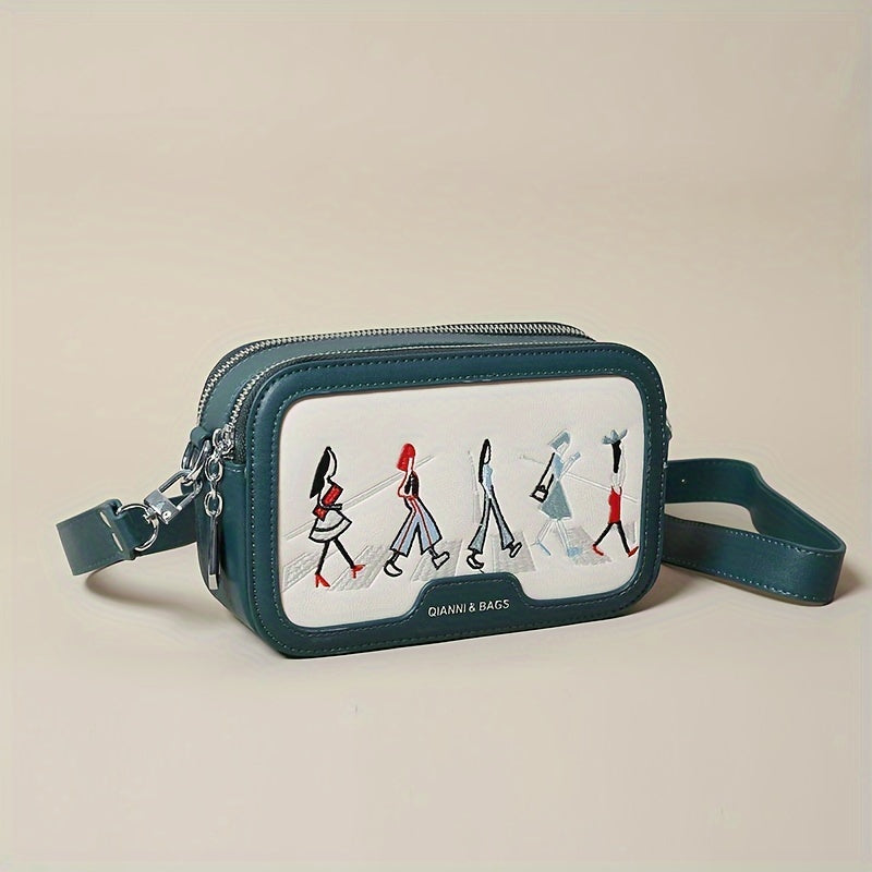Cute Embroidered Crossbody Bag, Cartoon Double Zipper Square Purse, Women's Wide Strap Shoulder Bag