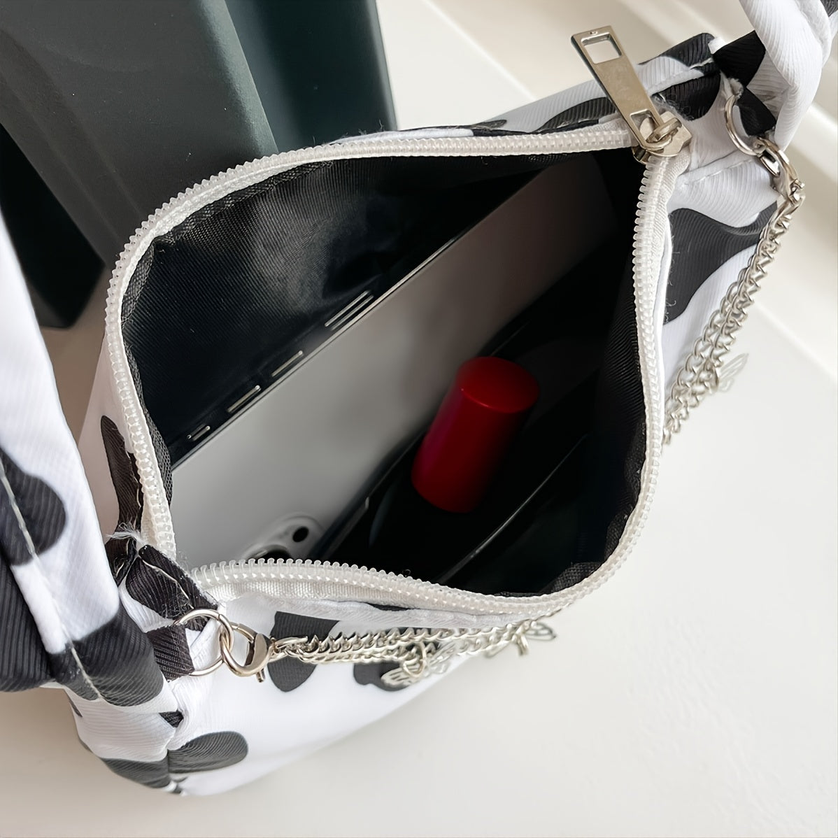 Cow Print Shoulder Bag, Women's Elegant Zipper Purse, Fashion Chain Decor Baguette Bag