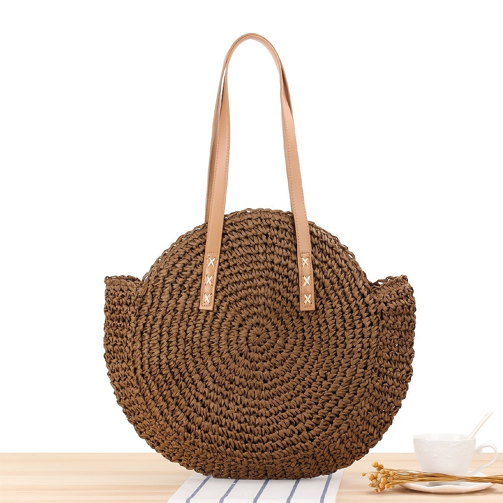 Hollow-Out Straw Handbag, Fashion Woven Beach Bag, Round Large Capacity Shoulder Bag