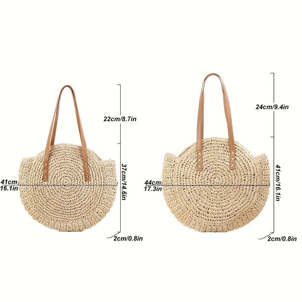 Hollow-Out Straw Handbag, Fashion Woven Beach Bag, Round Large Capacity Shoulder Bag