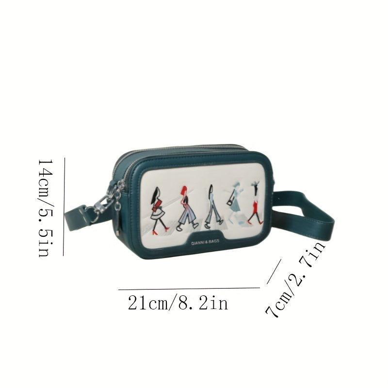 Cute Embroidered Crossbody Bag, Cartoon Double Zipper Square Purse, Women's Wide Strap Shoulder Bag