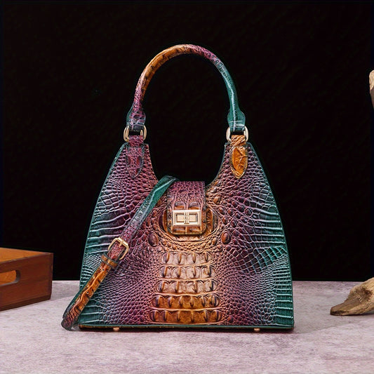 Trendy Colorful Crocodile Pattern Shoulder Bag, Portable Turnlock Handbag, Perfect Crossbody Bag For Everyday Use