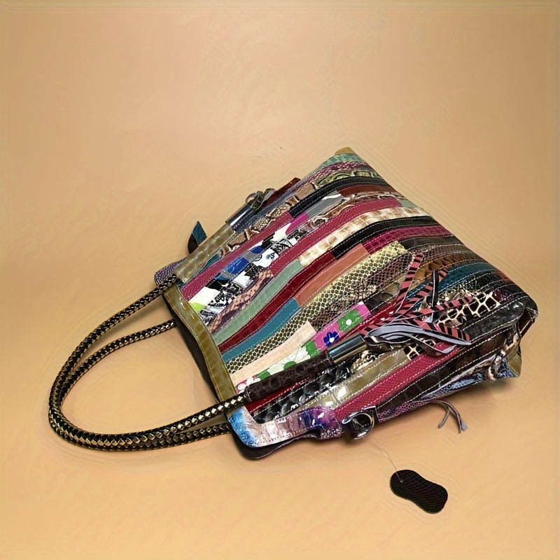 Vintage Stitching Tote Bag, Luxury Genuine Leather Handbag, Snakeskin Pattern Crossbody Bag For Women