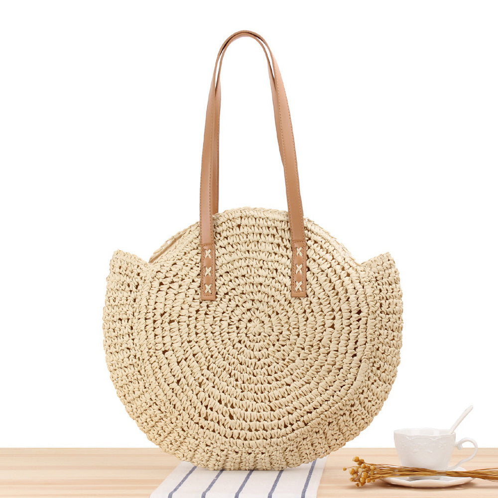 Hollow-Out Straw Handbag, Fashion Woven Beach Bag, Round Large Capacity Shoulder Bag
