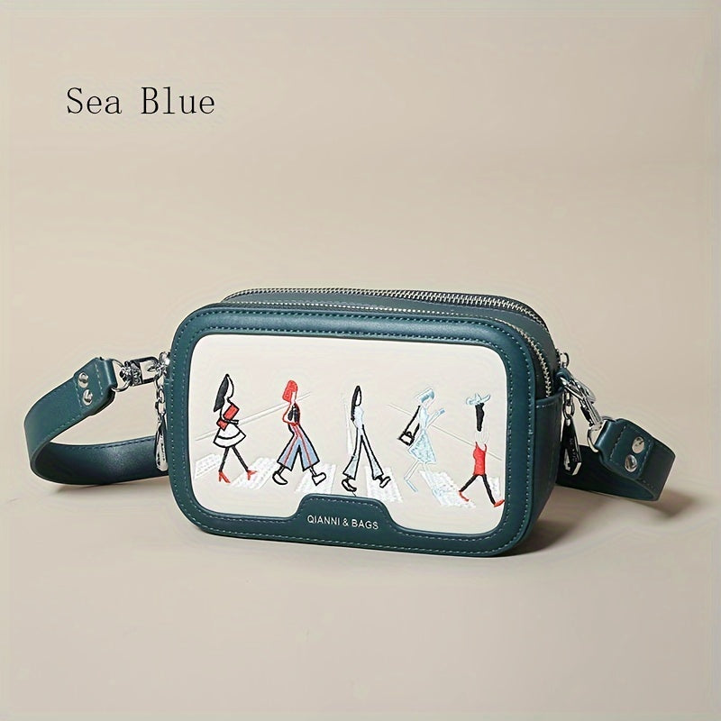 Cute Embroidered Crossbody Bag, Cartoon Double Zipper Square Purse, Women's Wide Strap Shoulder Bag