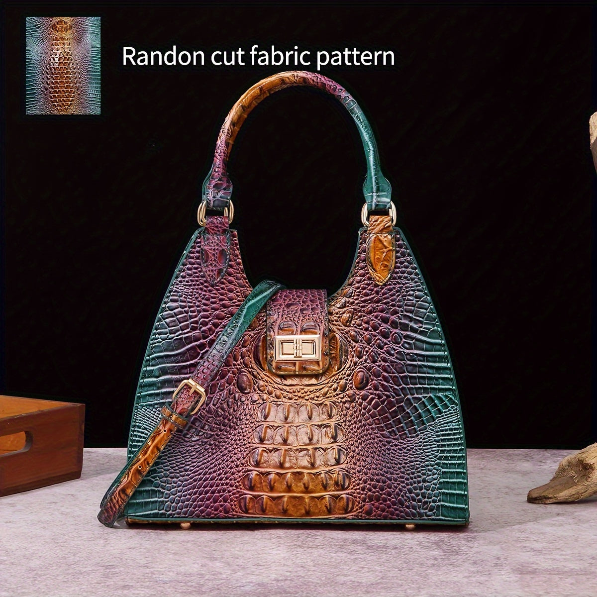 Trendy Colorful Crocodile Pattern Shoulder Bag, Portable Turnlock Handbag, Perfect Crossbody Bag For Everyday Use