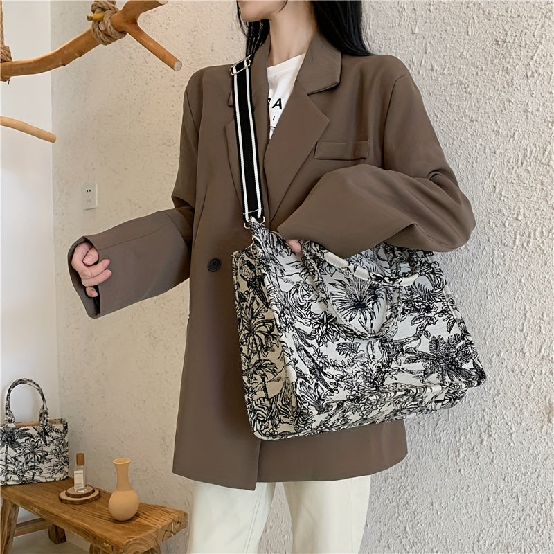 Flower Sketch Large Capacity Canvas Tote Bag, Durable Lightweight Shoulder Satchel Bag, Casual Practical Commuter Bag