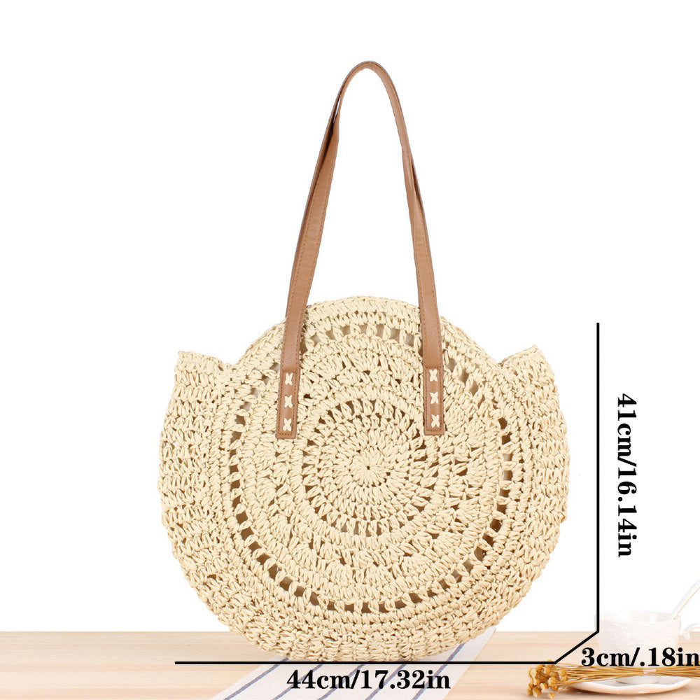 Hollow-Out Straw Handbag, Fashion Woven Beach Bag, Round Large Capacity Shoulder Bag
