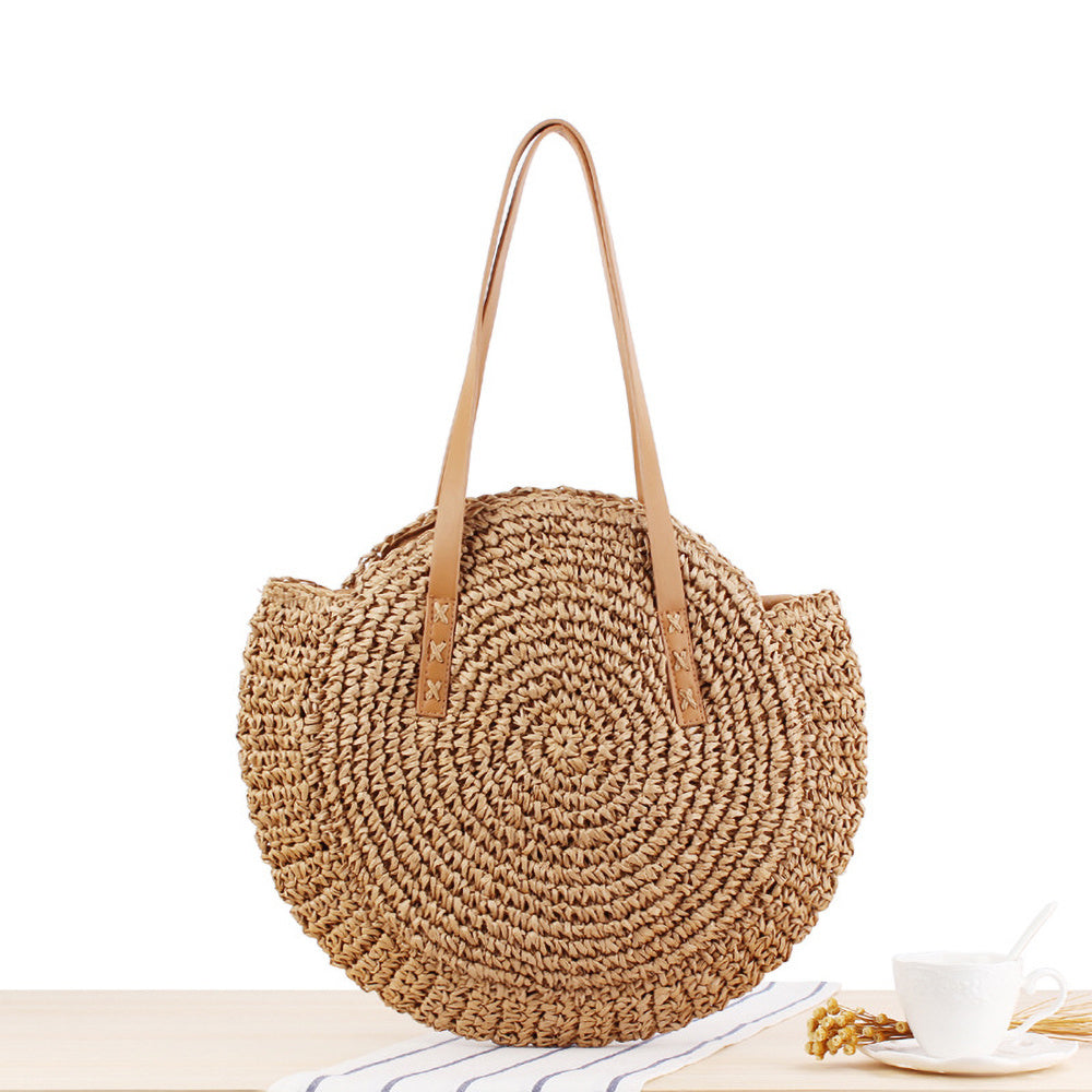 Hollow-Out Straw Handbag, Fashion Woven Beach Bag, Round Large Capacity Shoulder Bag