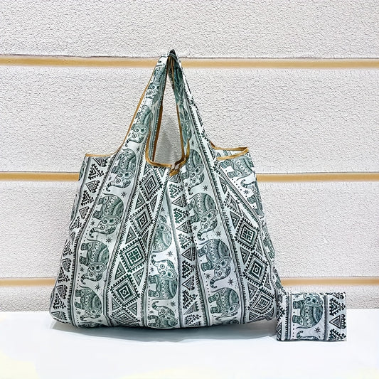 Retro Elephant Pattern Shoulder Bag, Lightweight Multifunctional Shopping Handbag, Lightweight Foldable Bag