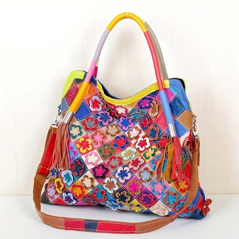 Flower Decor Handbag For Women, Genuine Leather Tote Bag, Luxury Retro Large Crossbody Bag