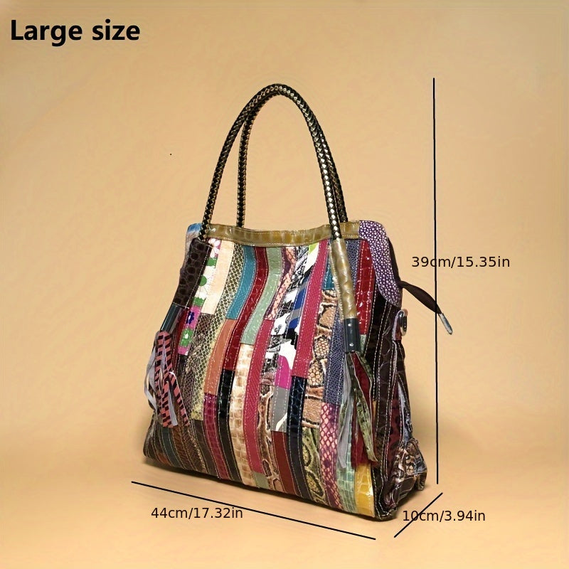 Vintage Stitching Tote Bag, Luxury Genuine Leather Handbag, Snakeskin Pattern Crossbody Bag For Women