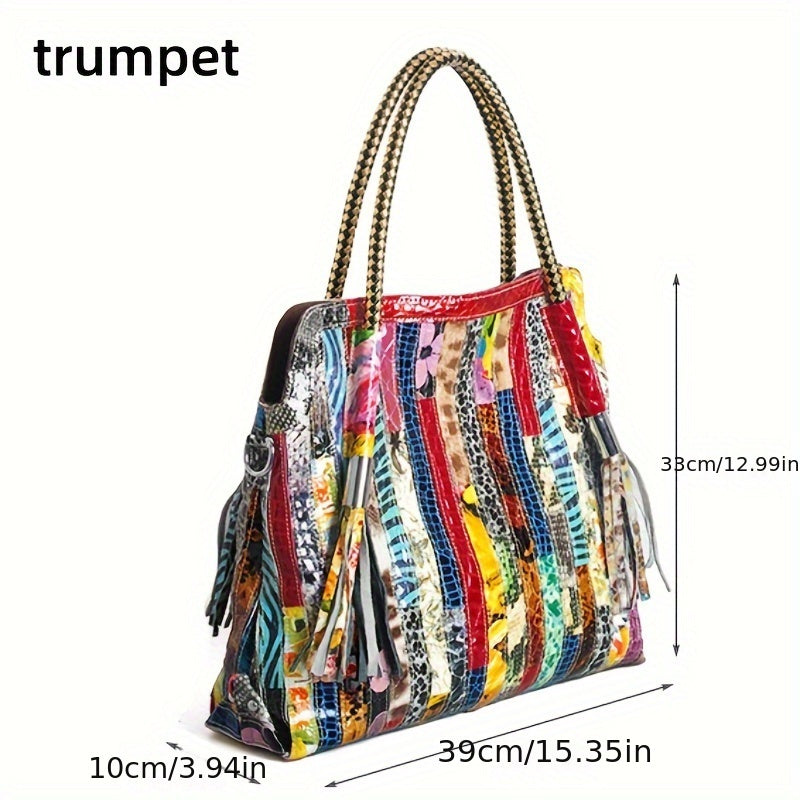 Vintage Stitching Tote Bag, Luxury Genuine Leather Handbag, Snakeskin Pattern Crossbody Bag For Women