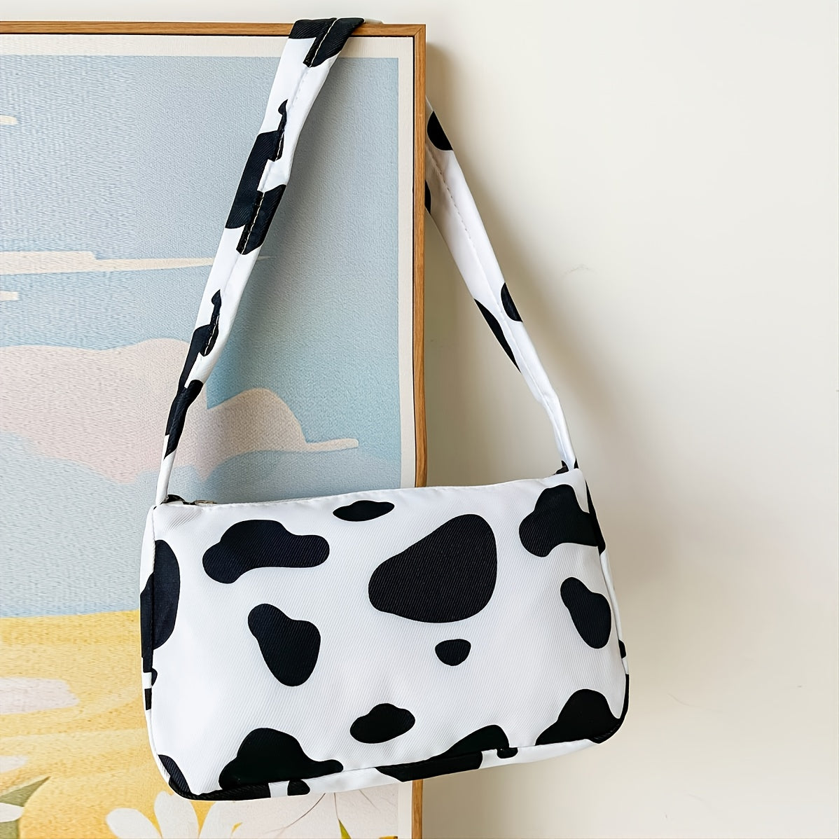 Cow Print Shoulder Bag, Women's Elegant Zipper Purse, Fashion Chain Decor Baguette Bag