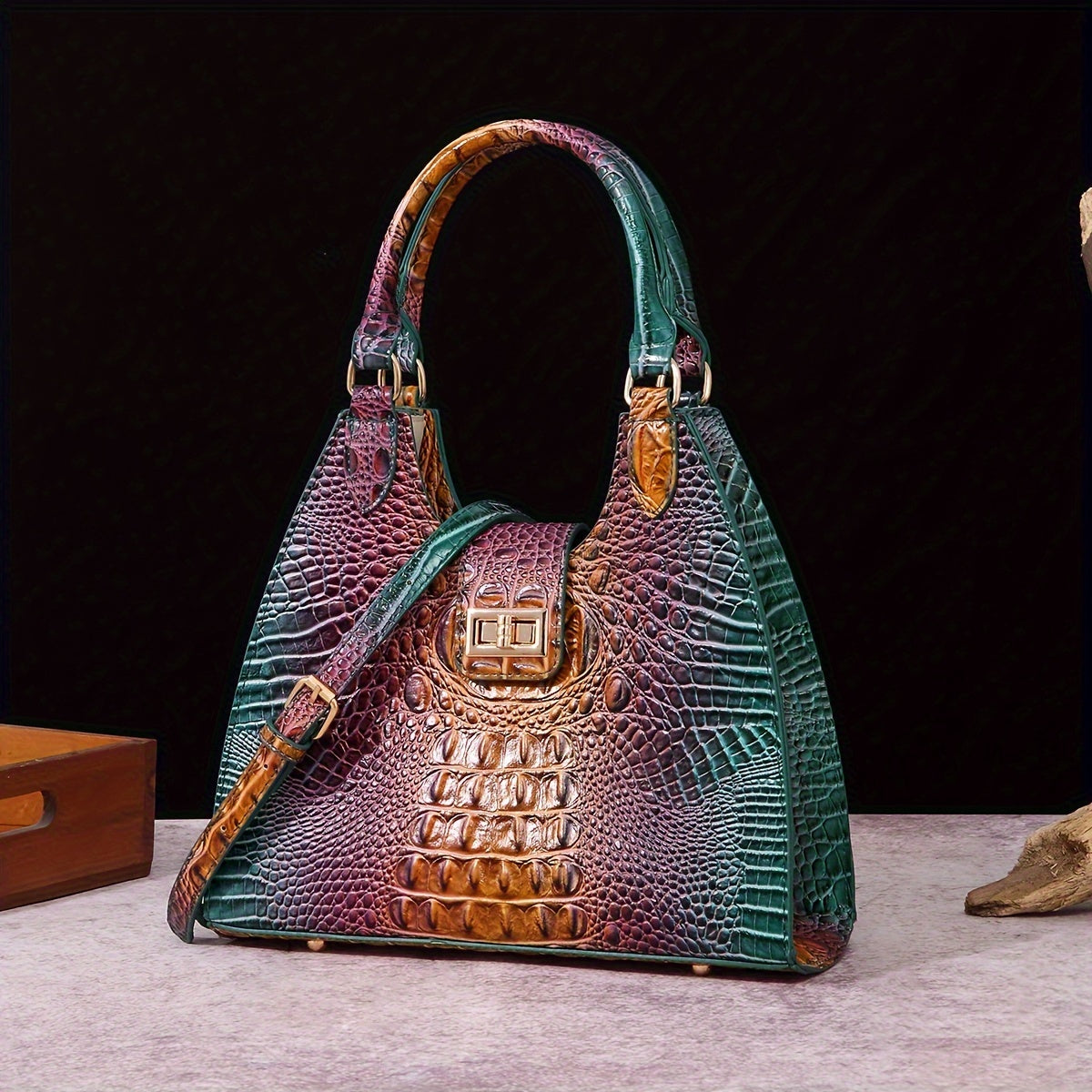 Trendy Colorful Crocodile Pattern Shoulder Bag, Portable Turnlock Handbag, Perfect Crossbody Bag For Everyday Use