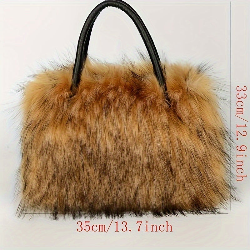 Trendy Faux Fur Tote Bag, Y2K Plush Shoulder Bag, Women's Fluffy Handbag For Street Wear