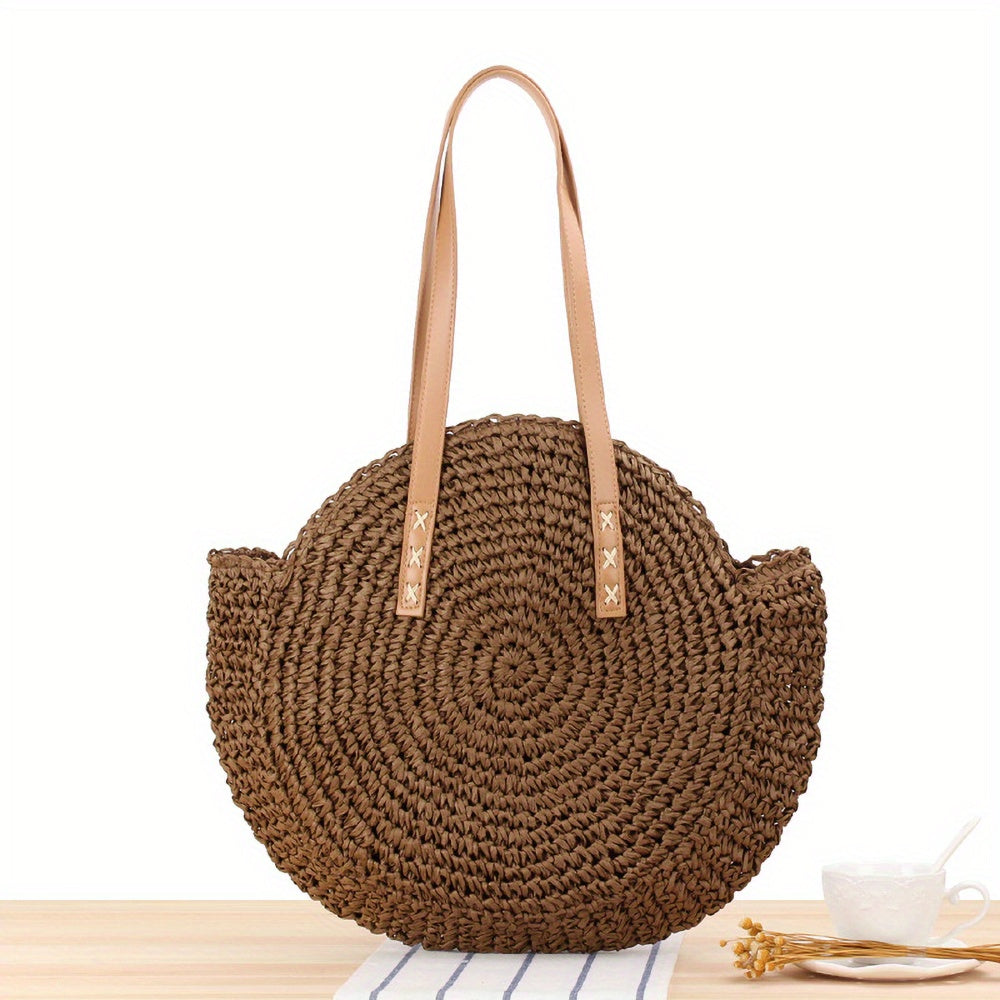 Hollow-Out Straw Handbag, Fashion Woven Beach Bag, Round Large Capacity Shoulder Bag
