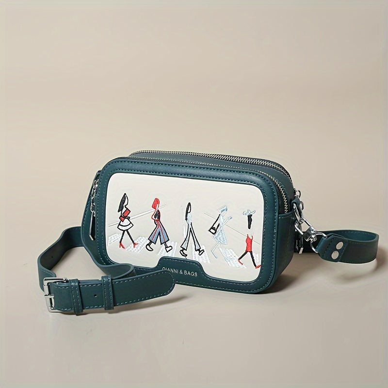 Cute Embroidered Crossbody Bag, Cartoon Double Zipper Square Purse, Women's Wide Strap Shoulder Bag
