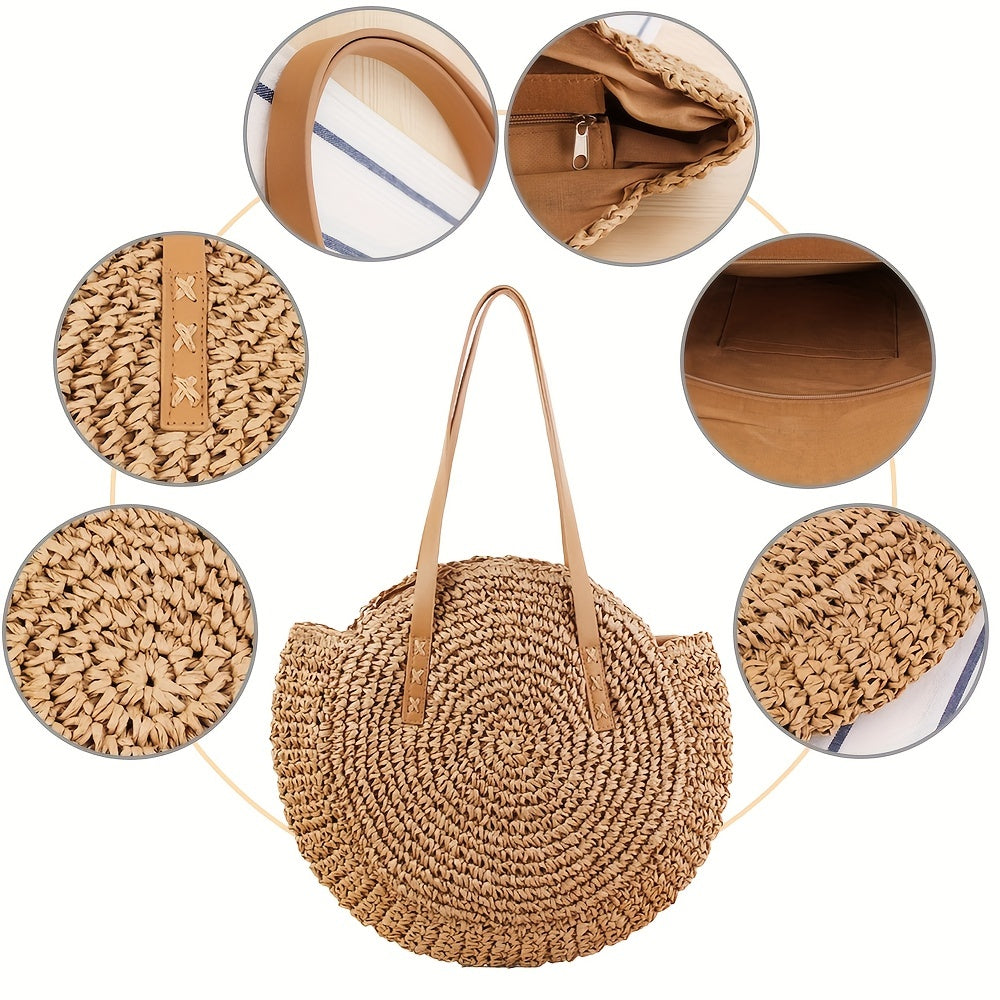 Hollow-Out Straw Handbag, Fashion Woven Beach Bag, Round Large Capacity Shoulder Bag