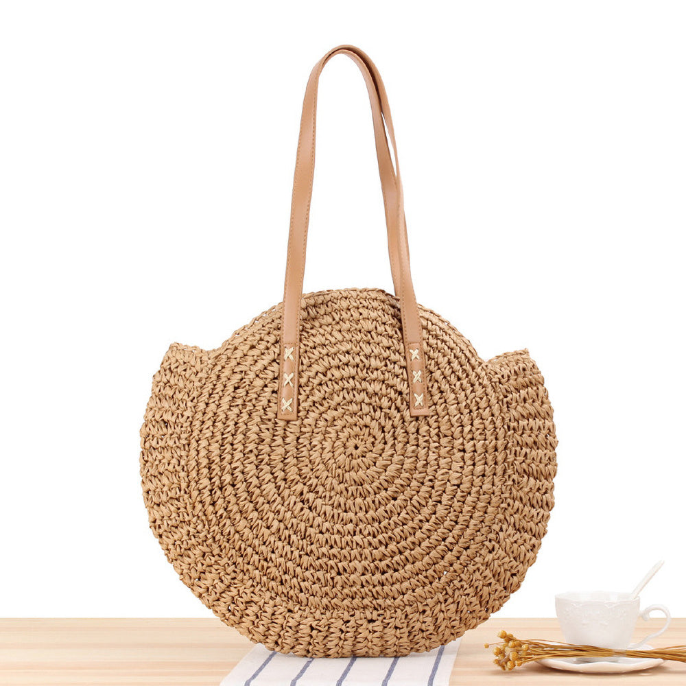 Hollow-Out Straw Handbag, Fashion Woven Beach Bag, Round Large Capacity Shoulder Bag