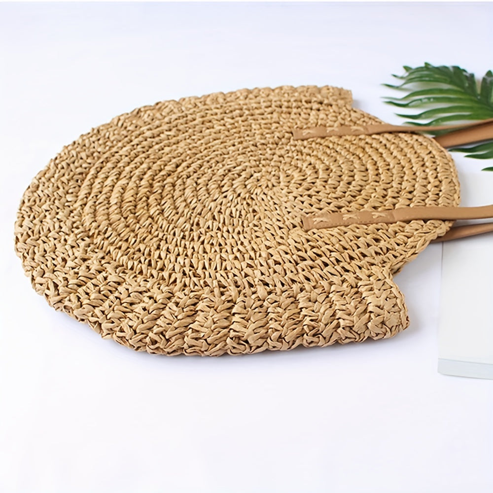 Hollow-Out Straw Handbag, Fashion Woven Beach Bag, Round Large Capacity Shoulder Bag