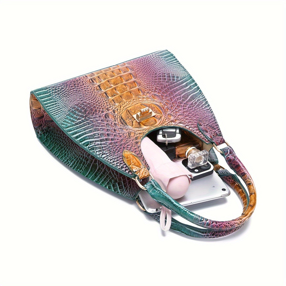 Trendy Colorful Crocodile Pattern Shoulder Bag, Portable Turnlock Handbag, Perfect Crossbody Bag For Everyday Use