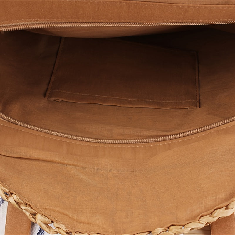 Hollow-Out Straw Handbag, Fashion Woven Beach Bag, Round Large Capacity Shoulder Bag