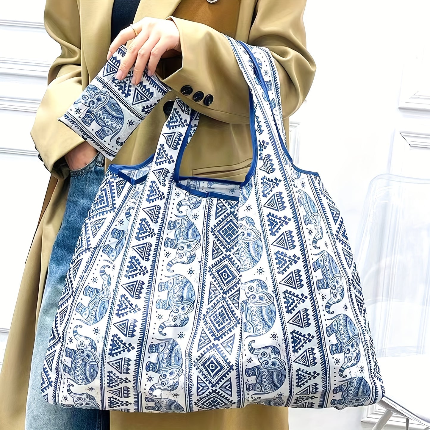 Retro Elephant Pattern Shoulder Bag, Lightweight Multifunctional Shopping Handbag, Lightweight Foldable Bag