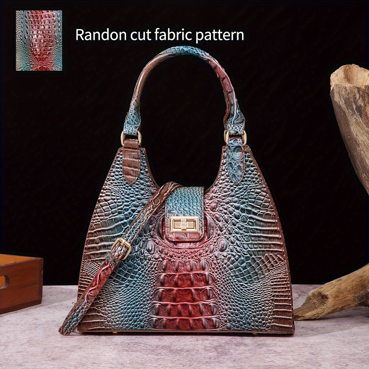 Trendy Colorful Crocodile Pattern Shoulder Bag, Portable Turnlock Handbag, Perfect Crossbody Bag For Everyday Use