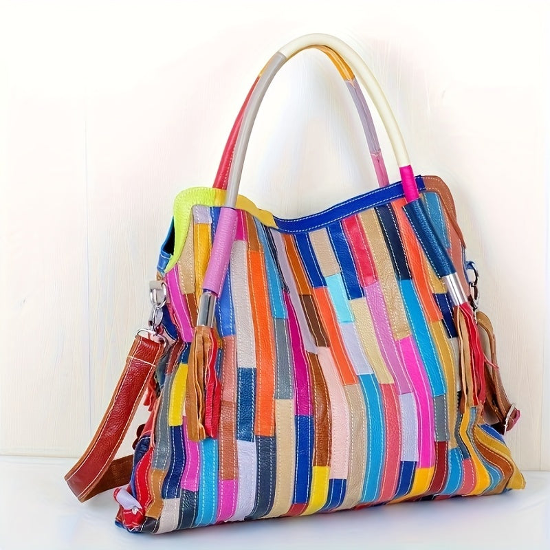 Flower Decor Handbag For Women, Genuine Leather Tote Bag, Luxury Retro Large Crossbody Bag