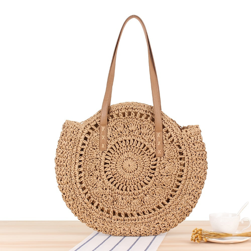 Hollow-Out Straw Handbag, Fashion Woven Beach Bag, Round Large Capacity Shoulder Bag