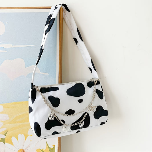 Cow Print Shoulder Bag, Women's Elegant Zipper Purse, Fashion Chain Decor Baguette Bag