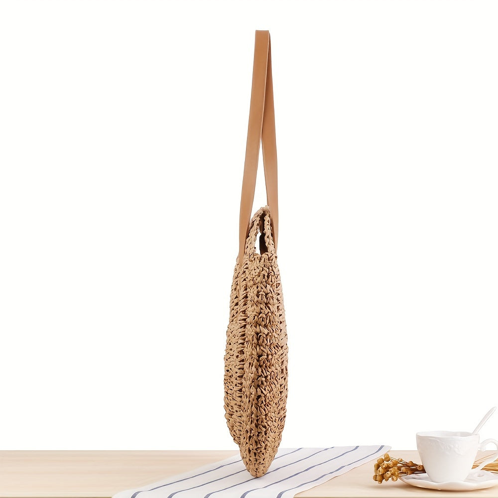 Hollow-Out Straw Handbag, Fashion Woven Beach Bag, Round Large Capacity Shoulder Bag
